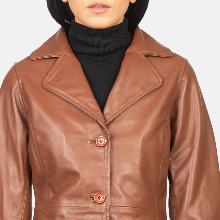 Womens Alexis Brown Single Breasted Leather Coat Close-Up-9-1652199624632